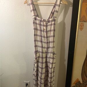 Roxy Plaid Button-Front Linen-Blend Jumpsuit in Cream and Purple
